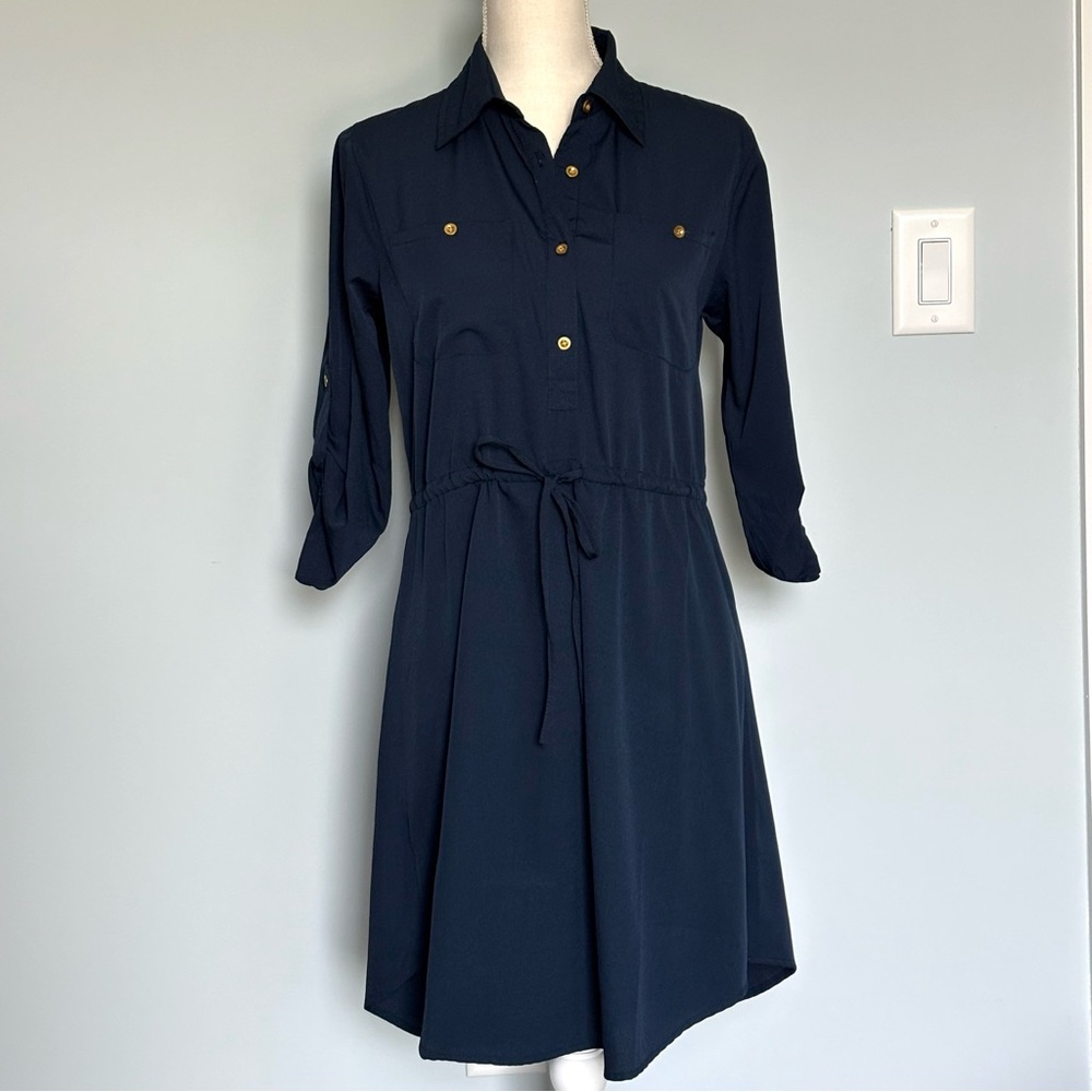 Speed Control NY Blue Shirt Dress Open Back Cut Out Roll Sleeves Hem NWT Medium
